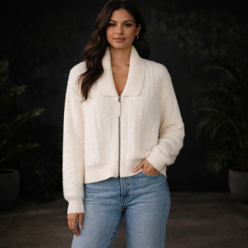 By Anthropologie SZ L Zip-Up Brushed Sweater Cardigan Wool Blend Soft Ivory $168